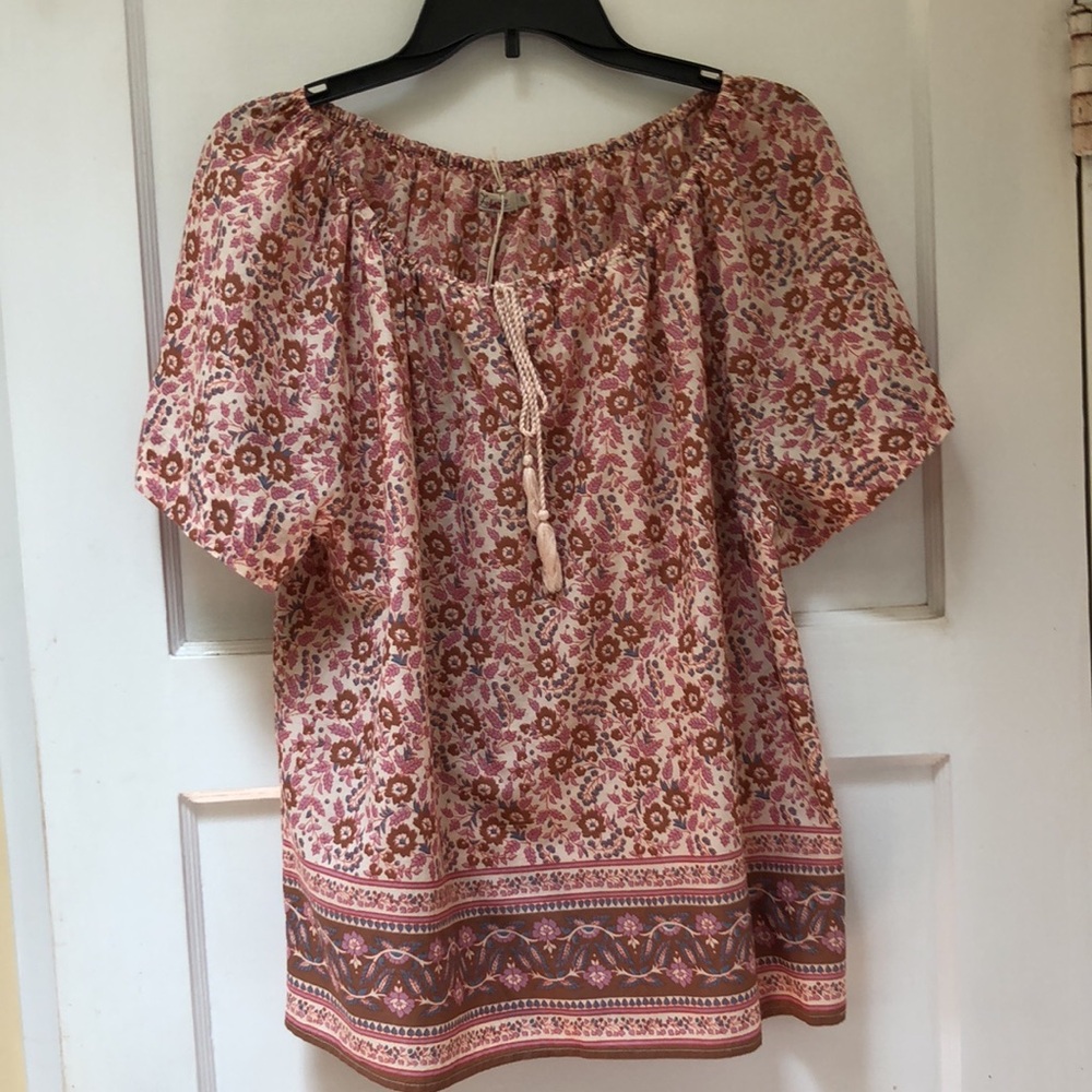 Faherty Florence Organic Block Print Peasant Blouse xs